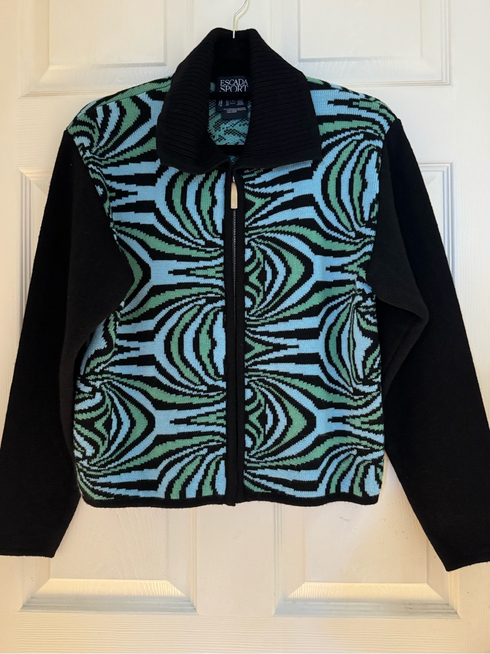 Escada Black & Aqua-Mint Wave Zip Bomber Cardigan Sweater Jacket